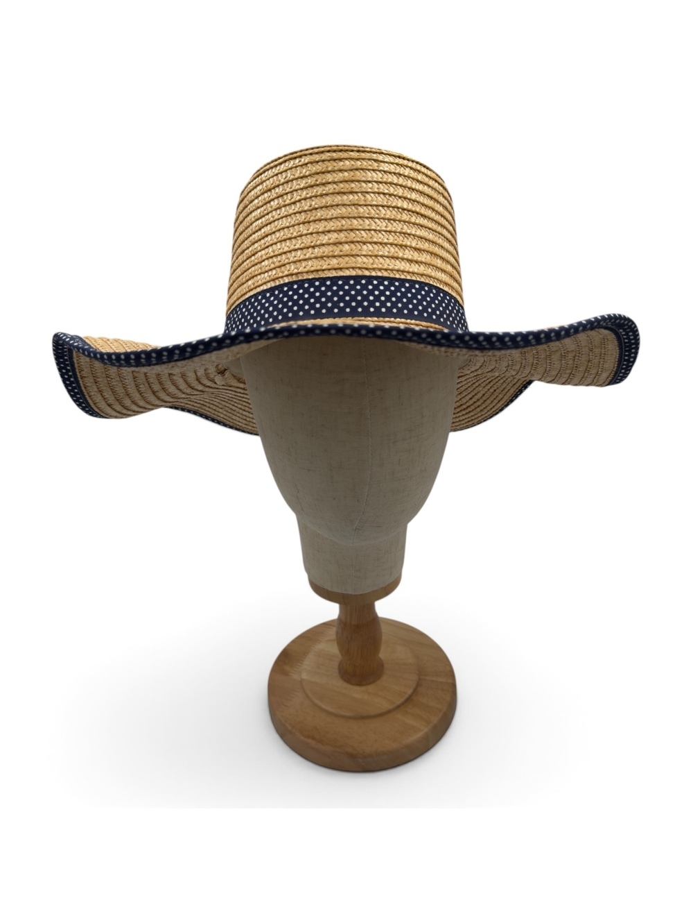 Vintage Italian Made Wide Brim Straw Sun Hat with Navy Polka Dot Trim
